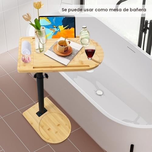 Mesa Auxiliar Forma C Bambú Metal Moderna Altura Ajustable, Side Table, Mesa Auxiliar de Cama, Mesa de Sofá, Mesilla de Noche, Mesa de Cuidado, para Salón Dormitorio Baño, Estilo C
