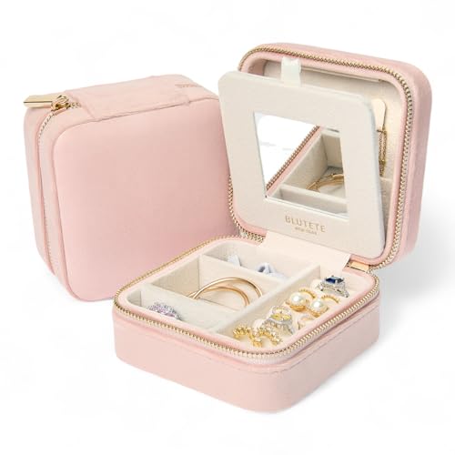 Blush Velvet Travel Jewelry Box with Mirror