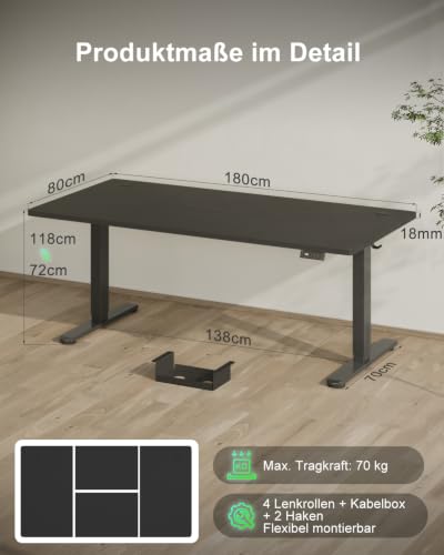 Devoko Höhenverstellbarer Schreibtisch 180x80cm mit Typ-C Ladeanschluss, Schreibtisch Höhenverstellbar Elektrisch… – Ansicht 5