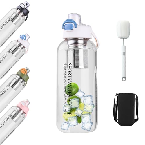 SASMoiyug Bouteille d'eau en verre borosilicate transparent de 1,5 l, avec filtre et brosse, anti-fuite, pour le sport, la randonnée, le camping, l'école et le bureau (blanc)