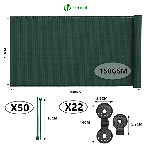 VOUNOT® Zaunblende 1.8×10m, Sichtschutz Zaun 150 g/m² HDPE Schattiernetz, Windschutz UV-resistent Reißfest, 85% Beschattungsgrad, mit Löcher und Kabelbinder, Grün