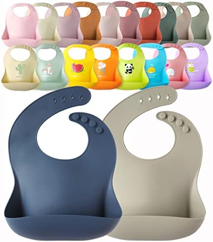 YMCF Products 2-Pack Waterproof Silicone Baby Bib Lightweight Comfortable Easy-Wipe Clean (Navy/Grey)