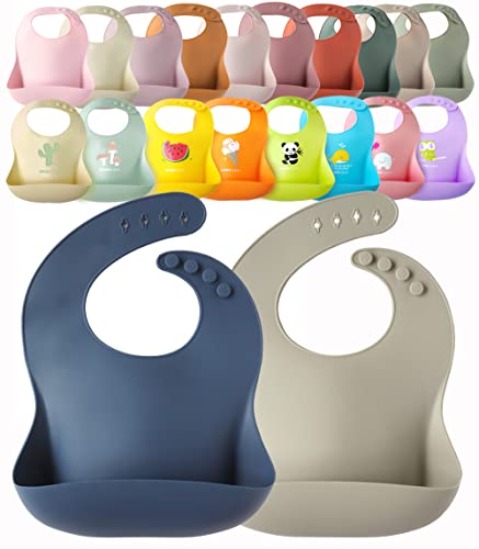 Ymcf Products 2-Pack Waterproof Silicone Baby Bib Lightweight Comfortable Easy-Wipe Clean (Navy/Grey) #TOP3