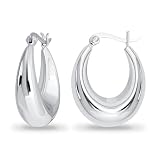 Pendientes de aro ovalados pulidos de plata de ley para mujer, Metal, Sin piedra preciosa