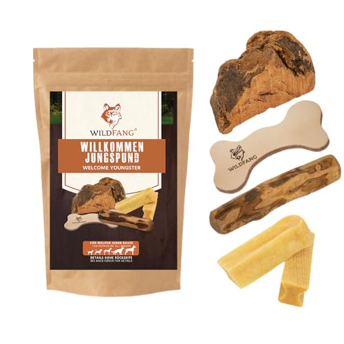 Wildfang Paket Willkommen Jungspund | Starterset für Welpen | Probierpaket | Kauwurzel aus Baumheide | Lederknochen | Kaustab aus Olivenholz | Probierset Hartkäse für Hunde (S - für kleine Hunde)