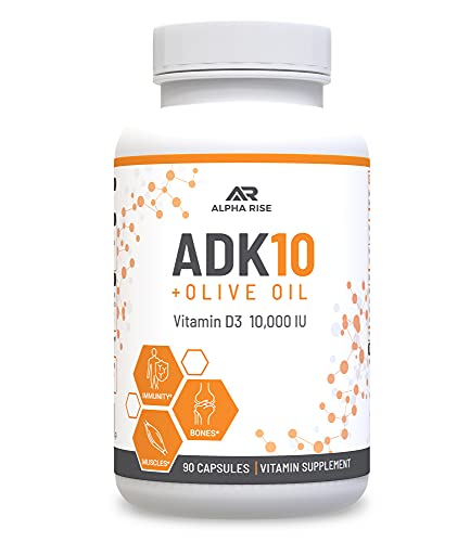 ADK 10 Vitamin Supplement + Olive Oil for Better Absorption - with Vitamins A + D3 (10,000 iu) + K2 (MK7+MK4) - 90 Capsules - Vegetarian - Non-GMO