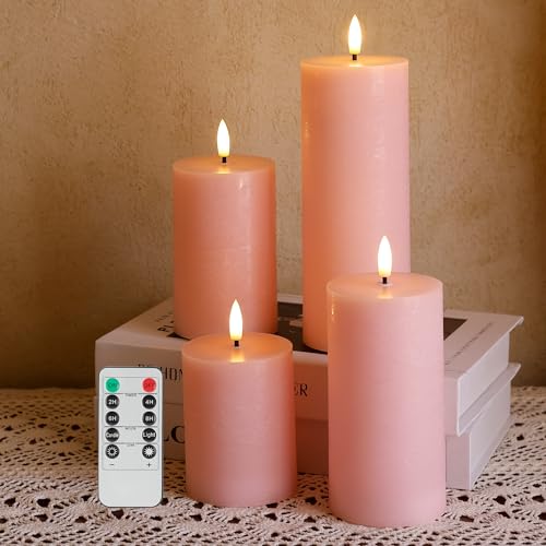 Image of Pink Flameless Candles, Real Wax Pillar Battery Operated Candles, Flat Top Flickering LED Pillar Candles with Remote, 4 Pack Fake Candles for Home Party Wedding Romantic Night Decor