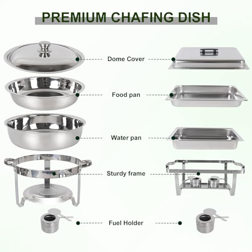 IMACONE Chafing Dish Buffet Set 2 Pack, 8 QT Rectangle & 5QT Round Stainless Steel Chafer for Catering, Chafers and Buffet Warmer Sets w/Food & Water Pan, Lid, Fuel Holder for Event Party Holiday - Thumbnail 3