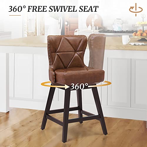 Cozyman Counter Height Bar Stools, 26" H Swivel Bar Stool With Back, Faux Leather Counter Stool, Solid Wood Legs, Retro Upholstered Barstools For Kitchen Island, Home Bar, Pub, Brown #TOP3