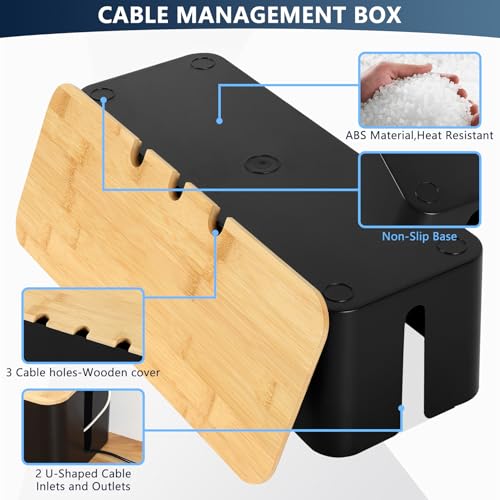 3 Stück Kabelbox Schwarz, Kabelmanagement Box, Kabel Box mit Holzdeckel, Cable Management Box mit 20 bunten Kabelbindern zur Aufbewahrung, zum Verstecken und Ordnen in Groß, Mittel und Klein