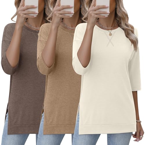 Huukeay 3 Pack 3/4 Length Sleeve Women's Tops Side Slit Tunic Loose Fit Round Neck Tee Shirt Ladies Casual Basic Fall Clothes