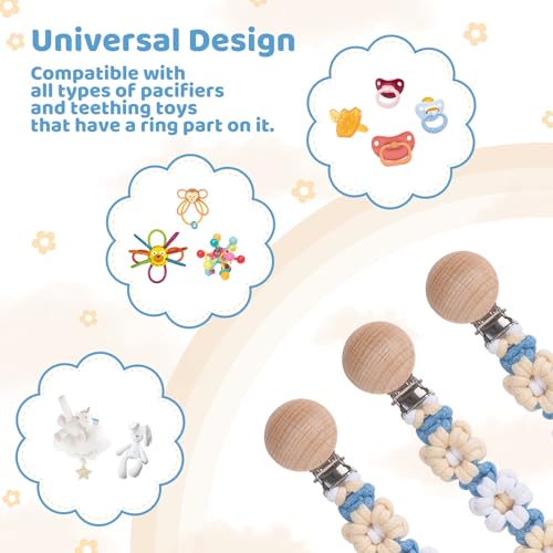Image of Pacifier Clip for Boys Girls Floral Daisy Macrame Baby Paci Clip Pacifier Holder Leash Boho Wooden Clips Handmade Braided Cotton Binky Clips (2pack:Daisy A & Blue Daisy B)