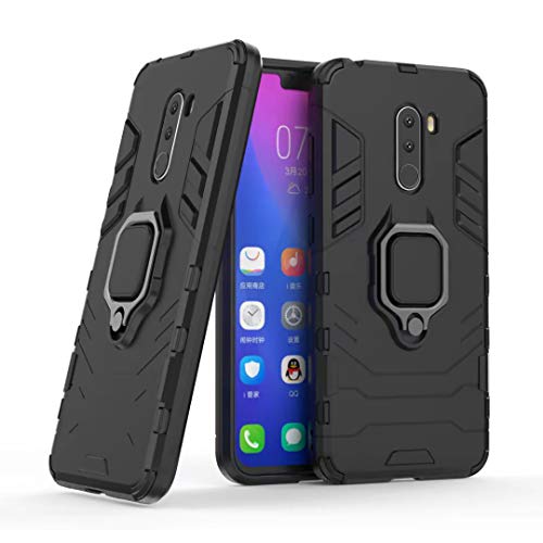Compatible with Pocophone F1 Case, Metal Ring Grip Kickstand Shockproof Hard Bumper (Works with Magnetic Car Mount) Dual Layer Rugged Cover for Xiaomi Pocophone F1 (Black)