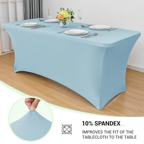 Image of Obstal 6ft Stretch Spandex Table Cover - 4 Pack Universal Rectangular Fitted Tablecloth Protector for Wedding, Banquet and Party (Dusty Blue, 72L x 30W x 30H Inches)