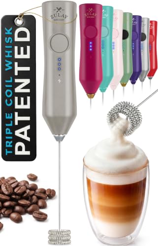 Image of Zulay Kitchen Rechargeable Milk Frother Handheld - Frother Wand, Drink Mixer, Electric Whisk Frother, for Cappuccinos, Matcha & Protein Powder - Dynamic Triple Whisk, 3 Speed 500mAh Light Gray