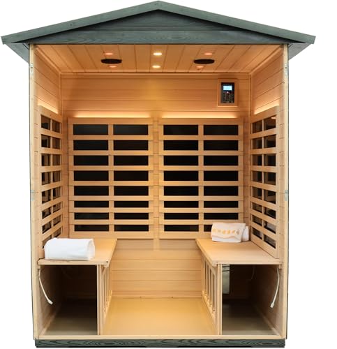Image of LTCCDSS Carbonized Composite Wood Outdoor Sauna 4-Person - Low EMF Far Infrared Sauna for Home - Bluetooth Speakers, LED Reading Lamps, Chromotherapy Lights (68.1 * 52.4 * 82.7 inch)