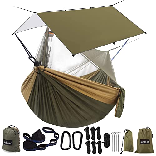 Sunyear Hammock Camping with Rain Fly Tarp and Net, Portable Camping Hammock Double Tree Hammock Outdoor Indoor Backpacking Travel & Survival, 2 Tree Straps,100% Waterproof
