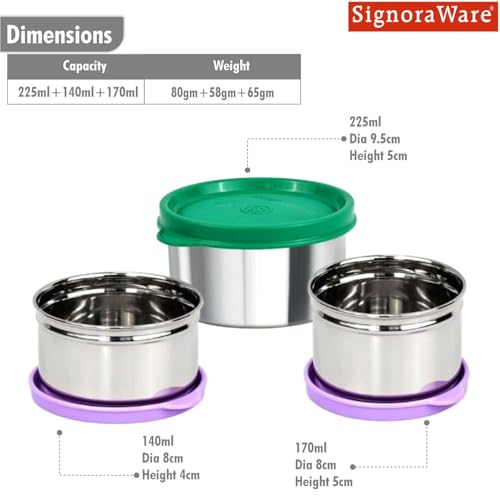 Image of Signoraware Mini Fresh Stainless Steel Container | Airtight & Leakproof | Ideal for Snacks, Kids Lunch, Kitchen Storage & Travel Use (170ml + 140ml + 225ml | Setof3 | Multicolor)