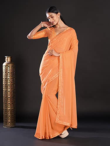 Image of AKHILAM Women's Black Embellished Georgette Saree With Unstitched Blouse Piece
