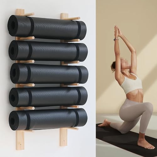 Soporte para esterilla de yoga, estante de almacenamiento de pared para tapetes y rodillos de espuma, diseño que ahorra espacio para gimnasio en casa o sala de yoga