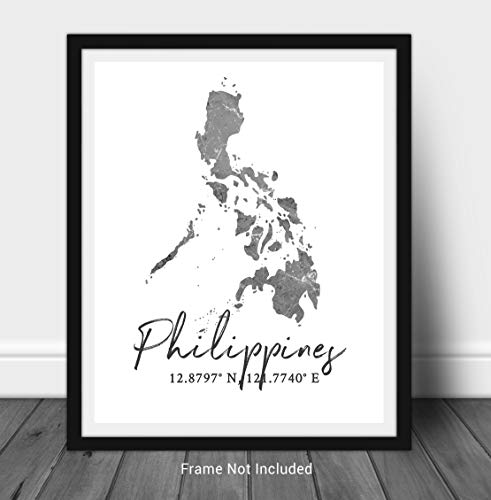 Philippines Map Wall Art Print - 8X10 Silhouette Decor Print With Coordinates. Makes A Great Philippines-Themed Gift. Shades Of Grey, Black & White. #TOP1