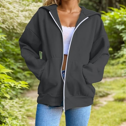 Loinjsnktng Light Weight Zip Up Hoodie Women Plus Size 2026 Casual Long Sleeve Zipper Sweatshirt Fall Hooded Top With Pockets Dark Gray - image 5