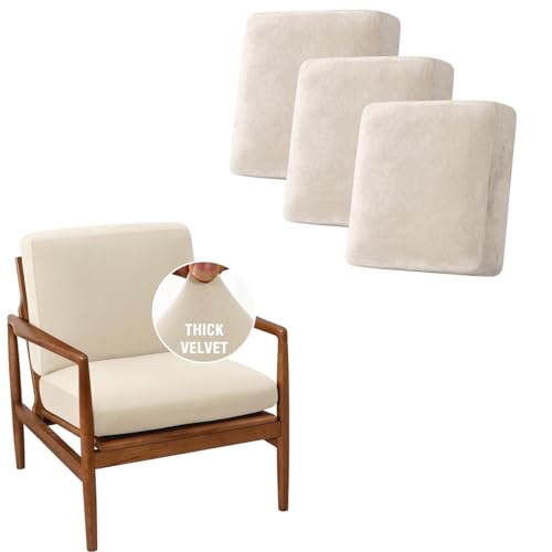 H.VERSAILTEX Velvet 3 Piece Sofa Seat Cushion Covers Bundle Stretch Accent Chair Cover 2 Piece Couch Cushion Covers,Ivory