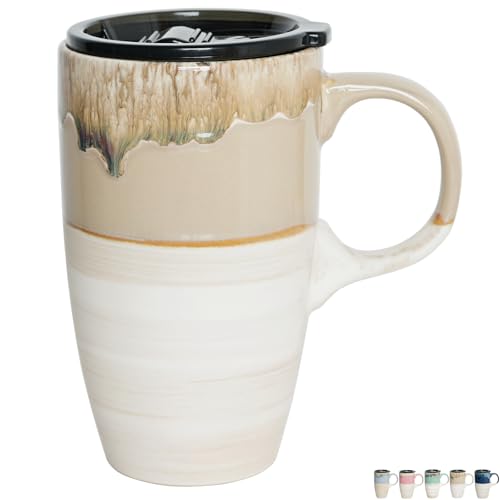 Bosmarlin Ceramic Travel Coffeel Mug with Handle and Lid, 18 oz, Portable Coffee Cup for Car Cup Holder, Microwave and Dishwasher Safe, Reactive Glaze (Brown Grey)