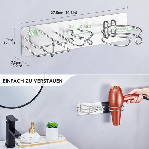 YYBO Föhnhalter Wand Ohne Bohren, 3-in-1 Fönhalterung Wandhalterung für Haartrockner, Glätteisen, Lockenstab Aufbewahrung, Föhn und Glätteisen Halterung Bad Haartrocknerhalter (Silber)
