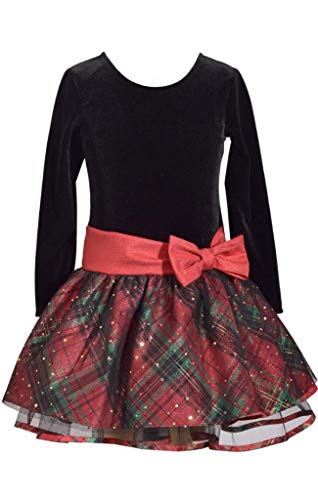 Bonnie Jean Long Sleeve Christmas Dress Black Velvet and Red Tartan Plaid Skirt Red 4T