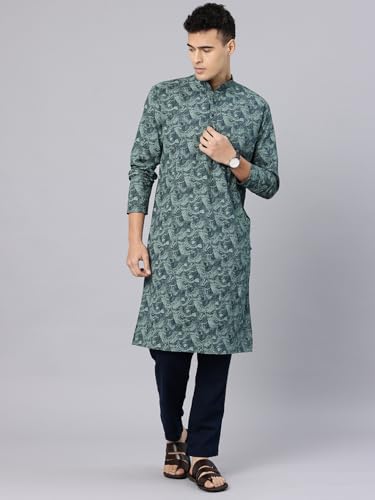 Image of Majestic Man Men's Regular Fit Ethnic Motifs Printed Pure Cotton Long Kurta with Mandarin Collar & Full Sleeves