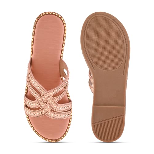 Image of Centrino Women's Beaded Flat Sandals| Open Toe Stylish Slip-On Sandals for Ladies | Metallic Crisscross Straps with Soft Cushioned Footbed for Comfort | Lightweight Casual Fashion Footwear (9305)