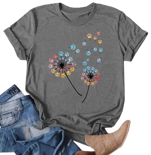 VVNTY Dandelion T Shirts for Women Cute Dandelion Print Graphic T-Shirt Summer Short Sleeve Round Neck Tee Tops (Lightgrey1,S)