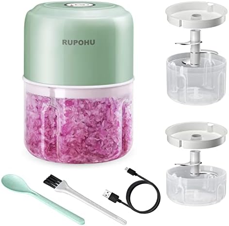 RUPOHU Wireless Electric Mini Food Choppers, Green Powerful Electric Garlic Chopper，Small Food Processor For Garlic Pepper Chili Onion Celery Ginger Meat with Spoon and Brush（100+250ml)