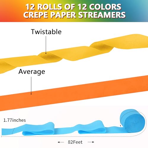 Image of 12 Rolls Crepe Paper Streamers, 12 Colors Streamers Party Supplies for Birthday Party Baby Shower Rainbow DIY Christmas Halloween Wedding Ceremony Various Large Festivals Decoration