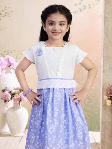 Image of Aarika Girls Blue Colour Floral Print Cotton Blend Frock