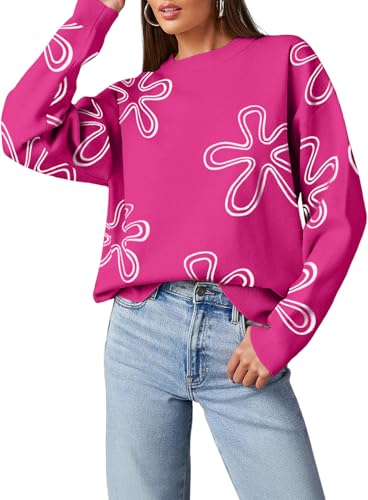 Dokotoo Sweaters For Women Stylish Relaxed Round Neck Floral Printed Long Sleeve Pullover Sweaters Cute Comfy Lightweight Solid Dropped Shoulder Knitted Sweater Tops Outerwear Rose Red L cover