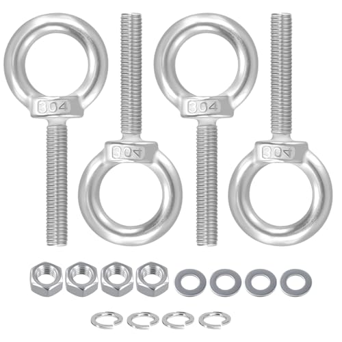 JEUIHAU 4 Pack M10 Shoulder Eye Bolts, Stainless Steel Lifting Eye Bolts with Washer and Nuts, Heavy Duty EyeBolts for Hanging Hammocks Articles, Thread Length 50 MM