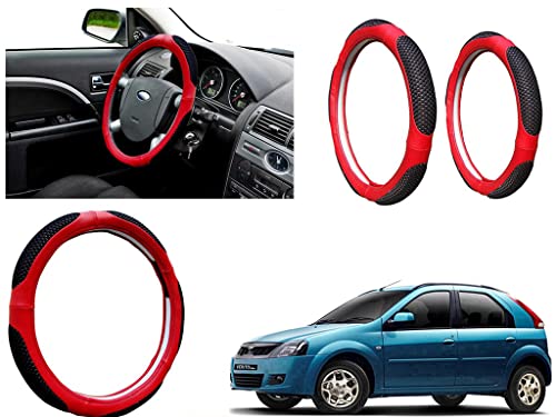 Image of Microfiber Car Steering Wheel Cover, Soft Padding Great Hand Feel, Anti-Slip, Faux Leather Steering Cover for Mahindra Verito Vibe | Black Red Jali - Pack of 1