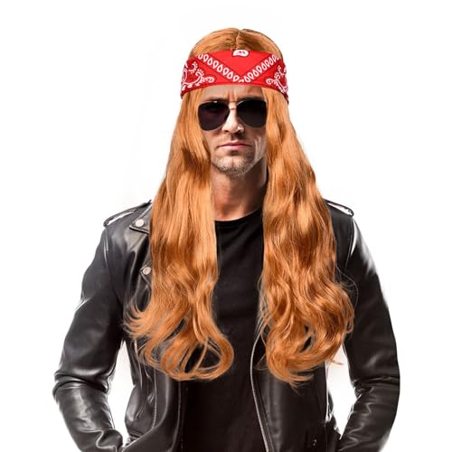 Aomig Disfarce de 80, 4 peças disfarces hippies com perucas de homem longa, bandana vermelha e 2 rede de cabelo, disfarce de roqueiro de metal pesado, acessórios hippies Halloween cosplay carnaval