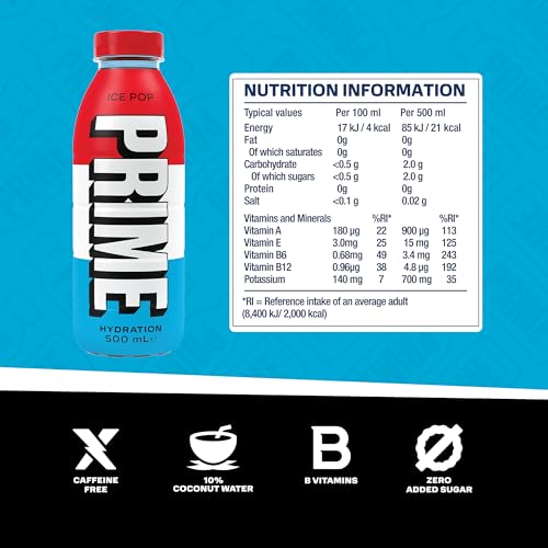Image of PRIME Hydration Drink Ice Pop| No Sugar Added | Hydration Drink with 10.5% Coconut Water | Caffeine Free Instant Hydration | Electrolytes | 500ml | Pack Of 3