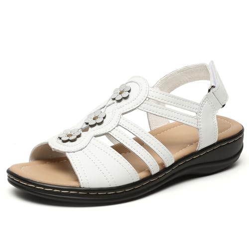 Brykan Womens Sandals Flats Comfort Leather Walking Orthopedic Sandals Casual