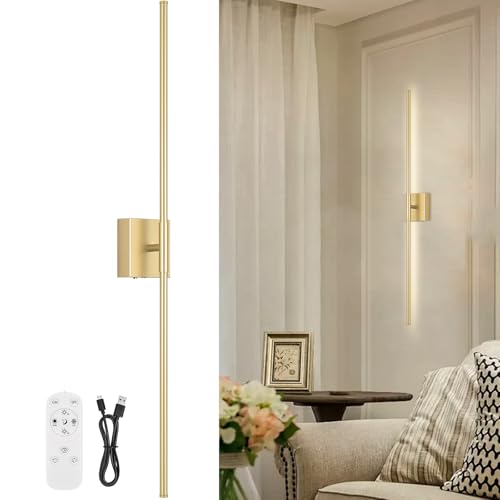 Image of Battery Operated Wall Sconce, 3000K-6000K Dimmable Gold Wall Lights with Remote Control, Timable LED Wireless Wall Sconces, 350 Ratate for Bathroom, Living Room, Hallway 39.4 Inch 1 Pack