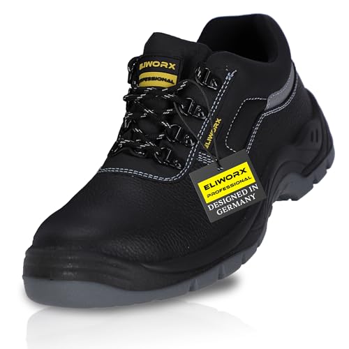 ELIWORX Arbeitsschuhe Herren Sicherheitsschuhe S3 SR aus Rindsleder - Terra Low - Mit Stahlkappe, Atmungsaktiv, Durchtrittsichere Zwischensohle aus Stahl, besonders rutschhemmend - Schwarz - 44