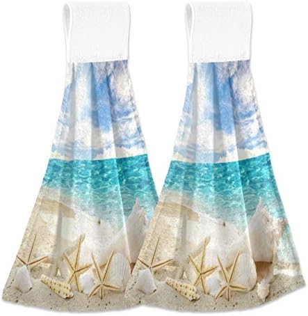 KOCOART Seashells Coastal Kitchen Hand Towels with Loop Starfish Tropical Beach Shore Hanging Tie Towel Set of 2, Soft Absorbent Washcloth Dish Fingertip Towel for Bathroom 12x17 in
