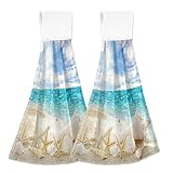 KOCOART Seashells Coastal Kitchen Hand Towels with Loop Starfish Tropical Beach Shore Hanging Tie To