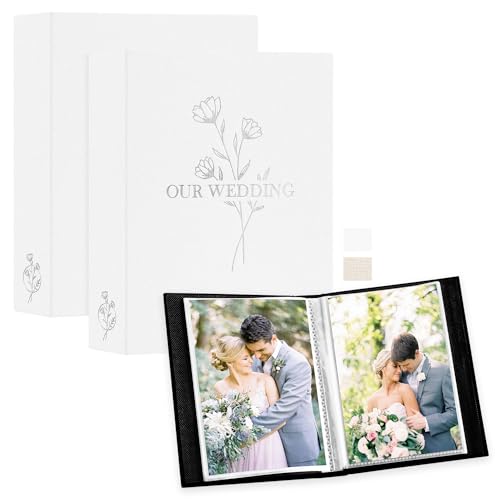 Lanpn Wedding Photo Album 7x5 2 Packs, Each Pack holds 50 Pictures, Slip in Pockets Mini Linen Top Loading Wedding Photo Albums for Portrait Only 13x18cm Picture (Flower, White)