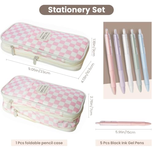 Image of Large Capacity Pencil Case Pouch with 5 Black Gel Pens (Pink plaid) | Expandable, Water-resistant, 4-compartment design, Versatile, Quality materials, Cute style, 0.5mm gel pens