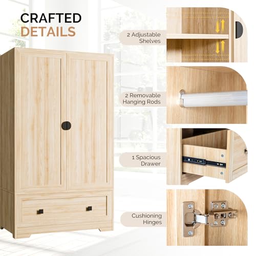 Vingli OAK ARMOIRE Wardrobe Closet, Armoires And Wardrobes With Doors,Hanging Rod, Shelves And Drawer, Freestanding Closet Wardrobe Cabinet, Oak Armoire Wardrobe For Bedroom thumb #3