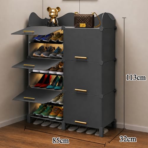 Image of Oumffy Plastic Shoe Rack for Home | ๐๐ ๐๐๐ฒ๐๐ซ Shoe Organizer Cabinet with ๐ ๐๐จ๐จ๐ซ๐ฌ | Dustproof Shoe Storage Rack for Entryway, Bedroom & Living Room | Space Saving Multipurpose Stand | GREY
